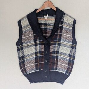 Vtg Made Italy Wool Mohair Plaid Shawl Collar Sweater Vest‎ Navy S Dark Academia